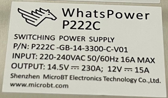 Whatsminer M30s M31s M32 এর জন্য Whatspower P222C পাওয়ার সাপ্লাই PSU